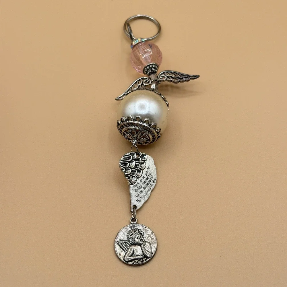 Guardian Angel Keychain Pearl Pink Bead Cherub Wing Charm Religious Prayer Gift